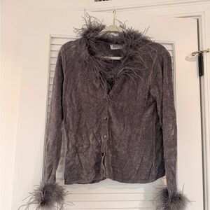 Gray Feather Trim Cardigan